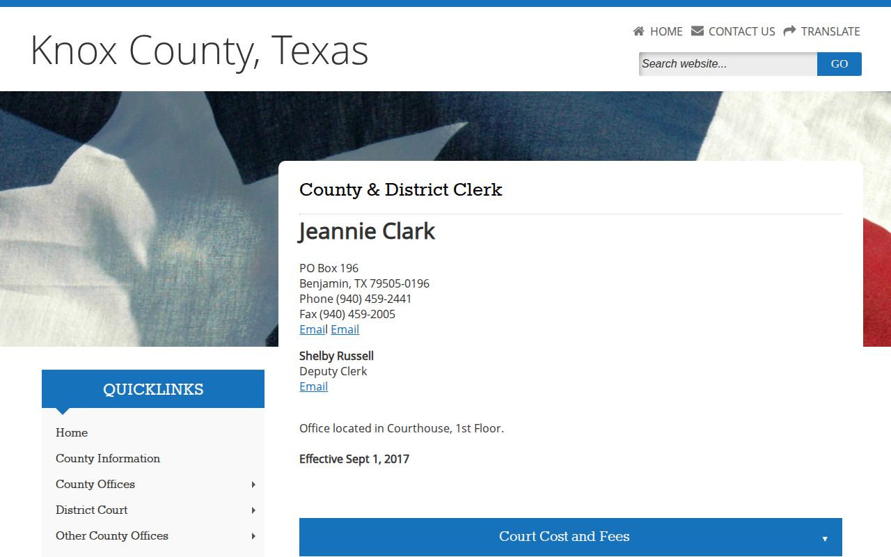 Screenshot of the Knox County District Clerk official contact page