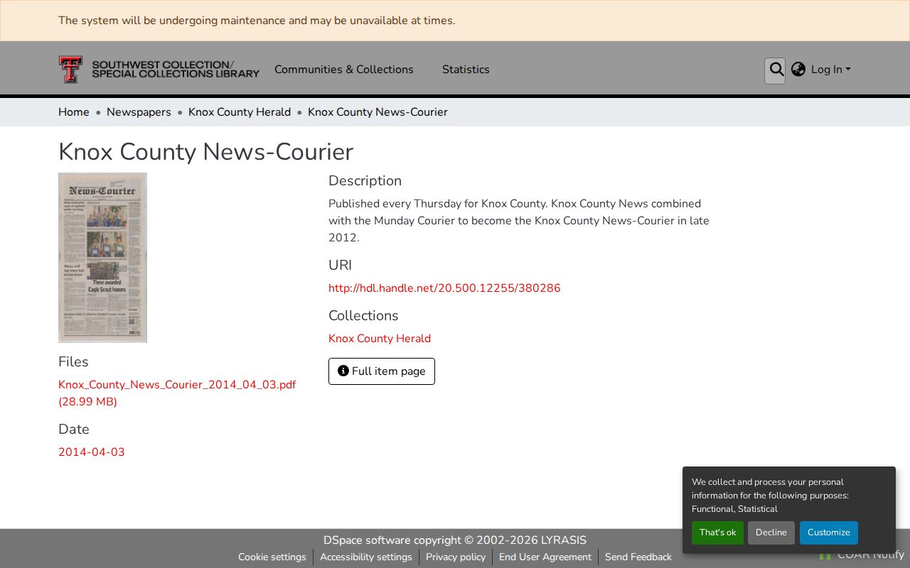 Screenshot of the Knox County News-Courier archive record at Southwest Collections