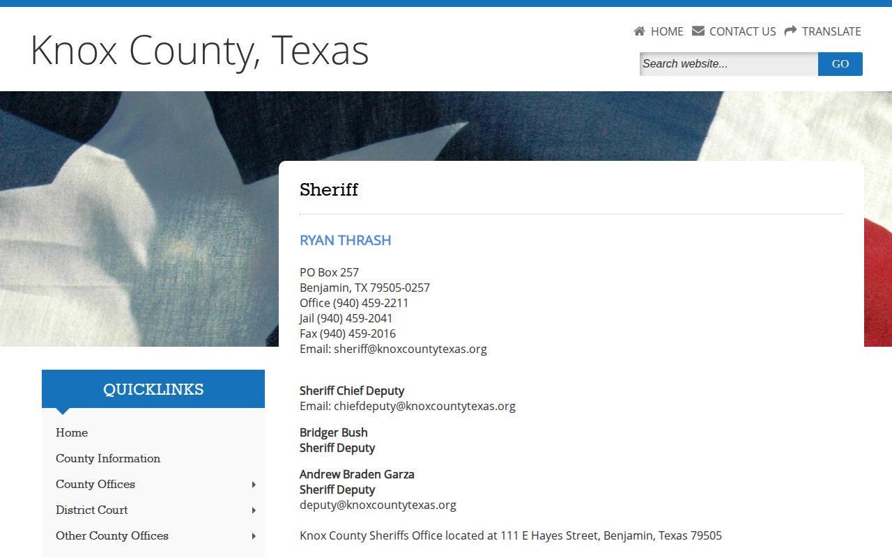 Screenshot of the official Knox County Sheriff page with county contact information