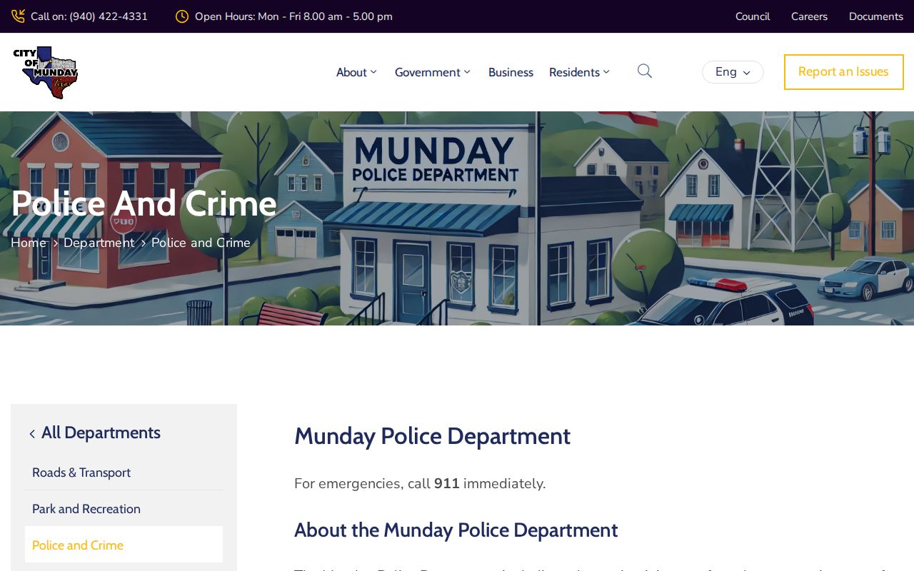 Munday, Knox County, Texas city policing source for arrest record and mugshot contact verification