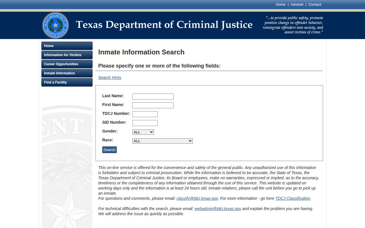 Screenshot of the Texas Department of Criminal Justice inmate search page